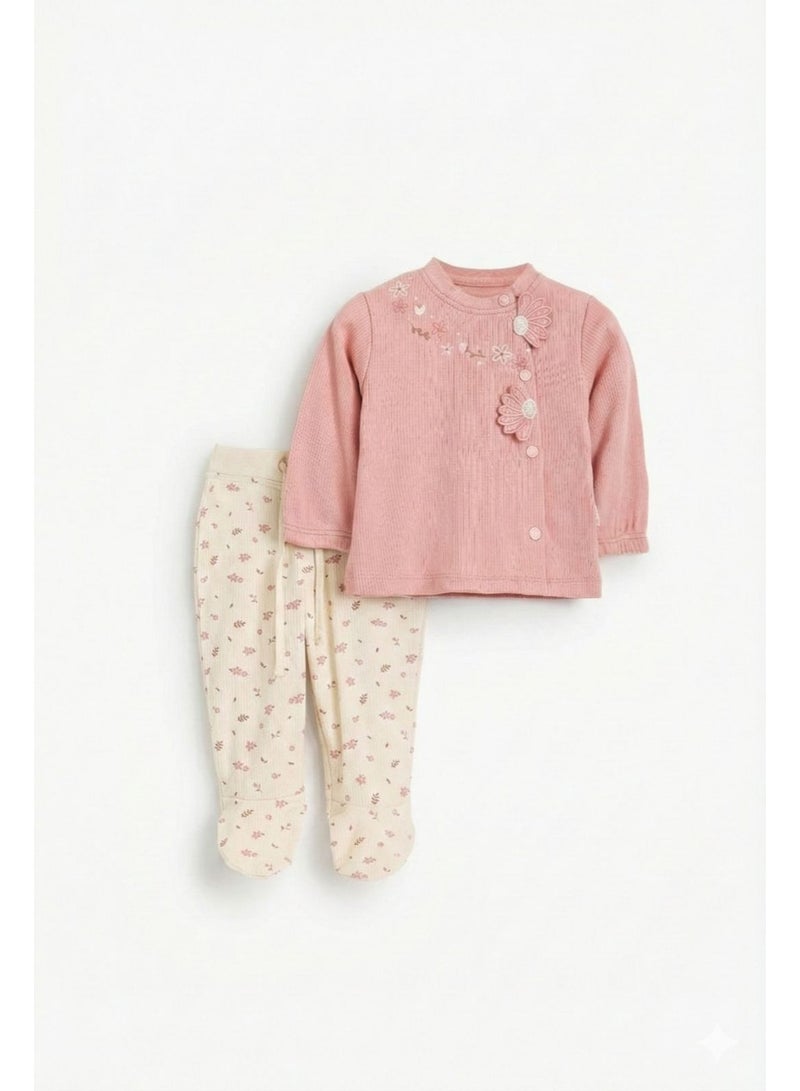 Junior Baby Girls 2-Piece Set, Pink Ribbed Top with Floral Embroidery, Cream Floral Footed Leggings Code 2612 - Image 1